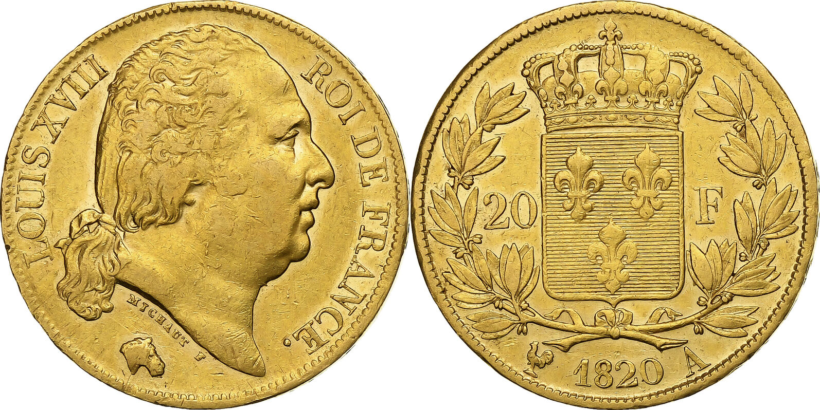 France 20 Francs 1820 A Louis XVIII, Paris, Gold, Gadoury:1028 EF(40-45 ...