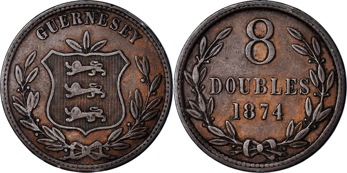 Guernsey 8 Doubles 1874 Heaton Coin, Heaton, Birmingham, Bronze, KM7