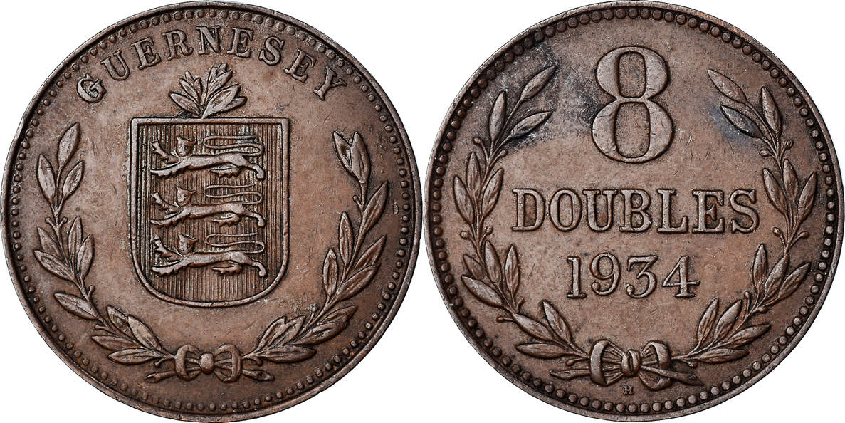 Guernsey 8 Doubles 1934 H Coin, Heaton, Birmingham, Bronze, KM14 AU(50