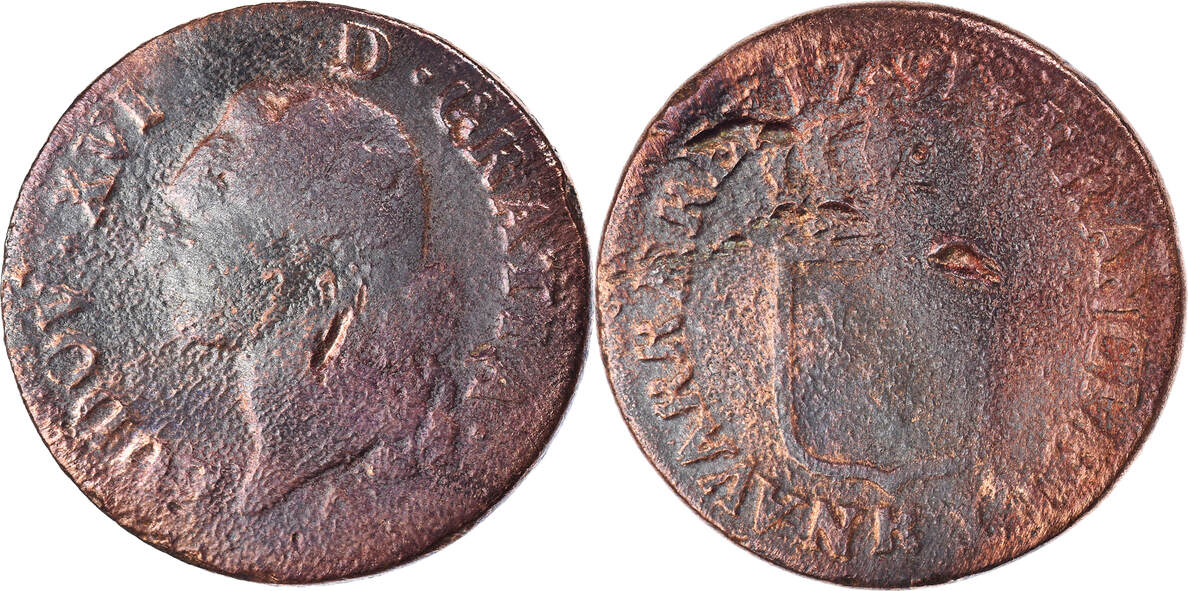 France 1791 K Coin, Louis XVI, Sol ou sou, Bordeaux, Copper VF(20-25