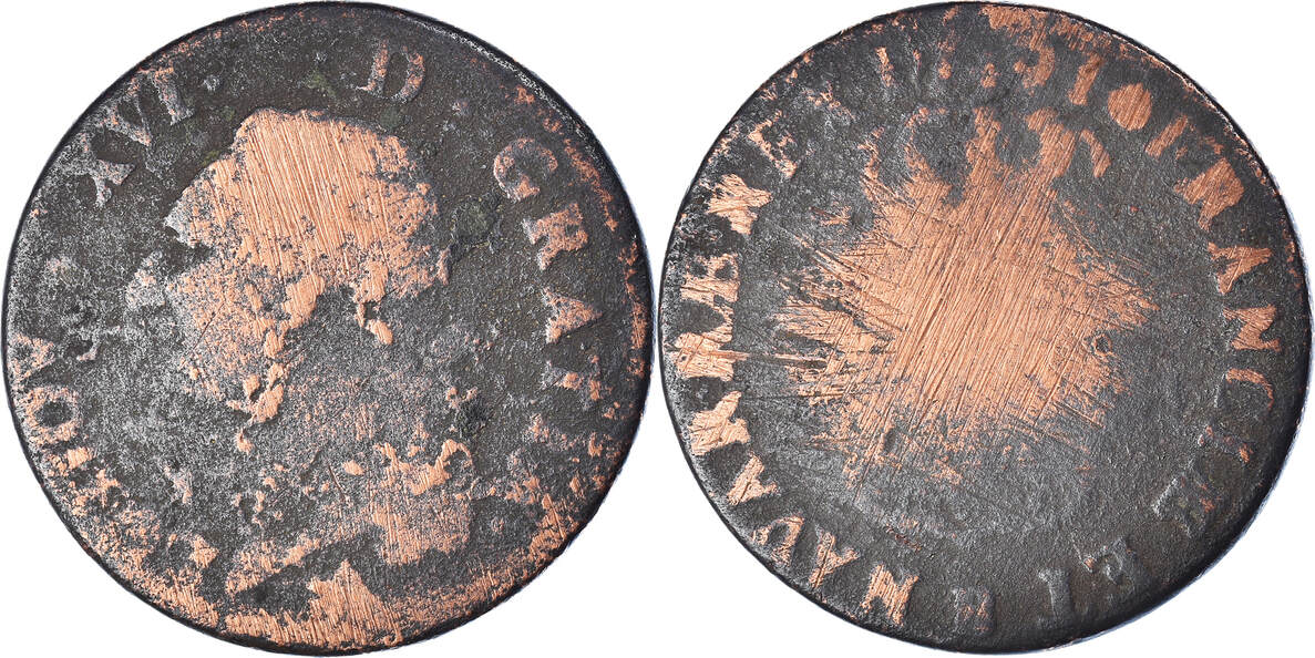 France 1791 B Coin, Louis XVI, Sol ou sou, Rouen, Copper F(12-15) | MA