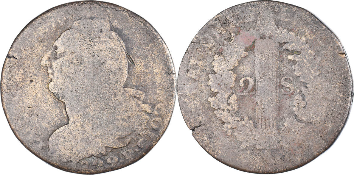 France 1792 R Coin, Louis XVI, 2 sols françois, Orléans F(12-15) | MA-Shops