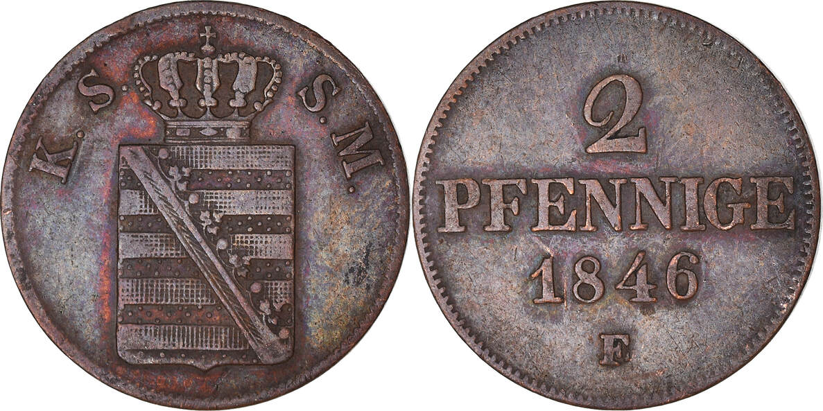 German States 2 Pfennig 1846 Coin, SAXONY-ALBERTINE, Friedrich August ...