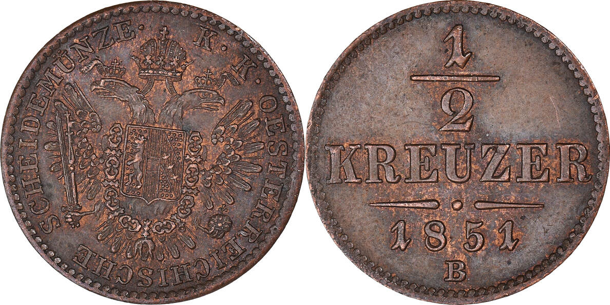 Austria 1/2 Kreuzer 1851 B Coin, Franz Joseph I, Kremnitz, Copper AU(55 ...