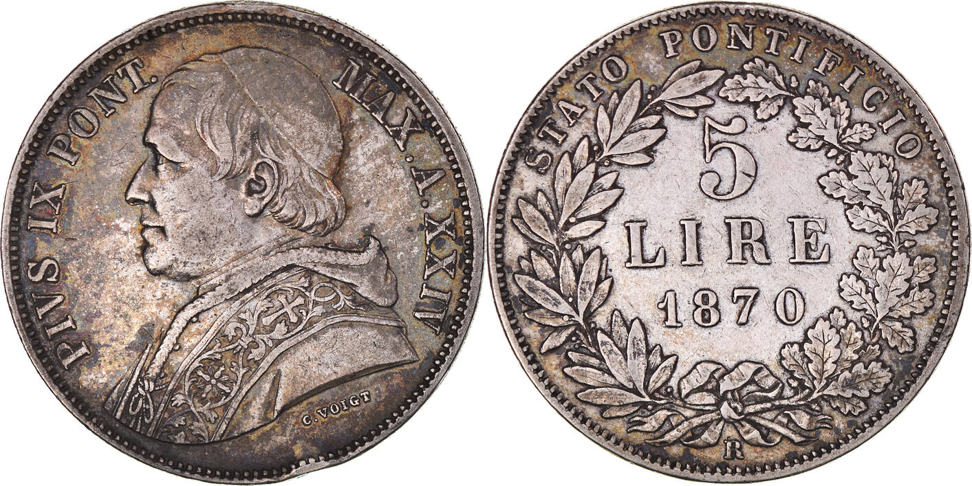 ITALIAN STATES 5 Lire 1870 - Anno XXIV R Coin, PAPAL STATES, Pius IX ...