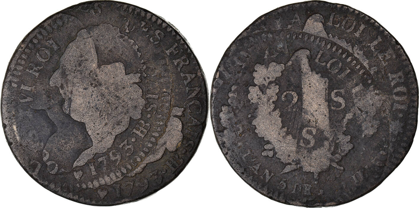 France 2 sols Français 1793 / AN 5 BB Coin, Louis XVI, Strasbourg VF(20 ...