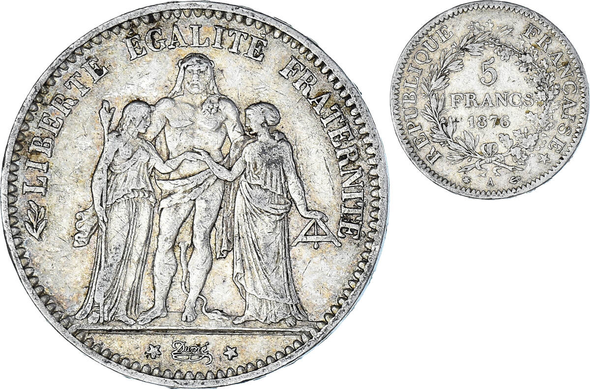 France 5 Francs 1876 A Coin Hercule Paris Silver Km8201 Ef40 45