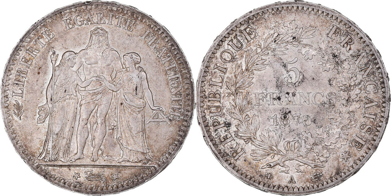 France 5 Francs 1876 A Coin Hercule Paris Silver Km8201 Au50 53