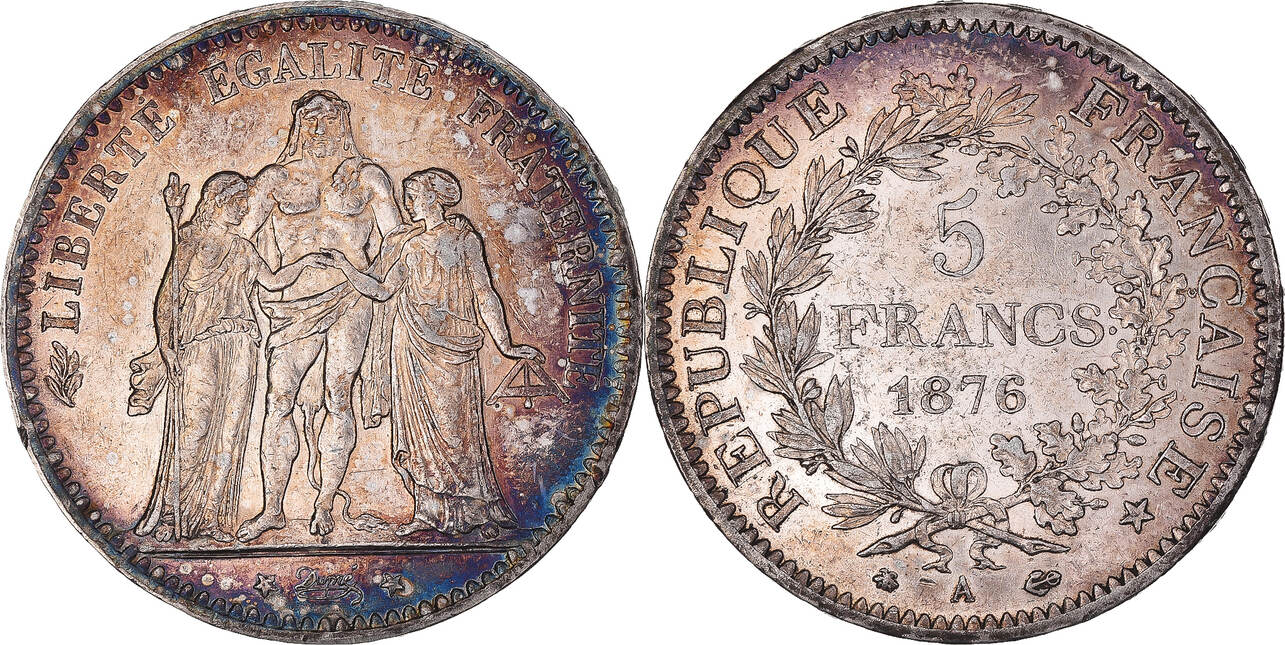 France 5 Francs 1876 A Coin Hercule Paris Silver Km8201 Ms60 62