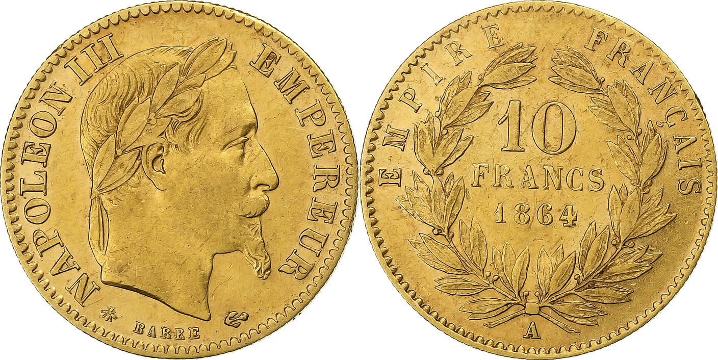 France 10 Francs 1864 Paris Napoleon III, Paris, Gold, Gadoury:1015 EF ...