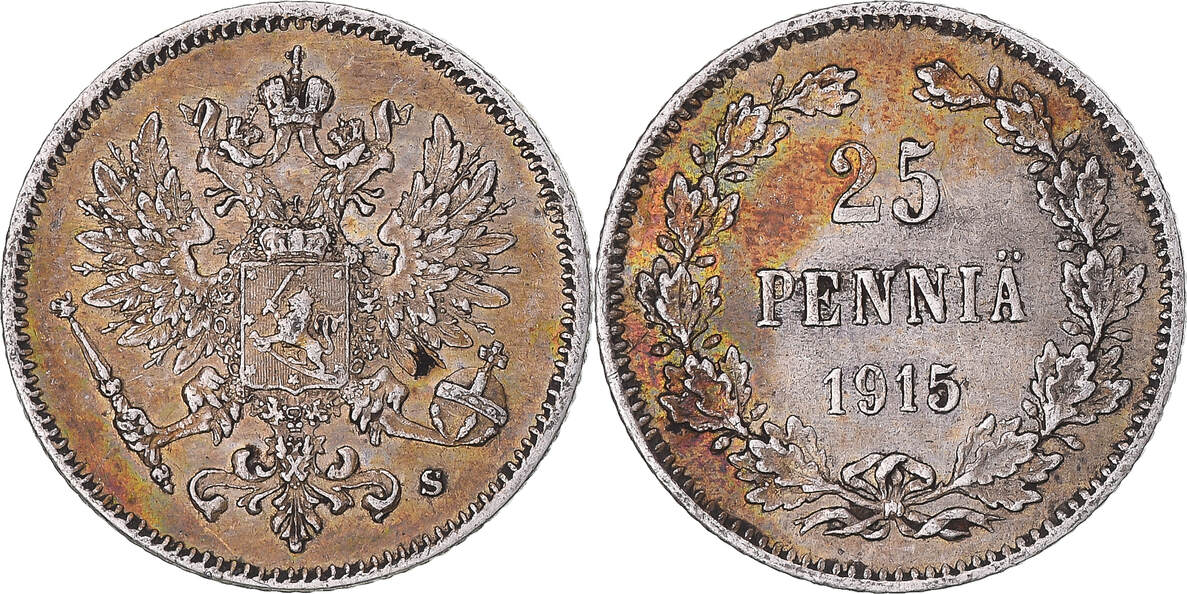 Finland 25 Penniä 1915 Helsinki Coin, Nicholas II, Helsinki, Silver AU ...