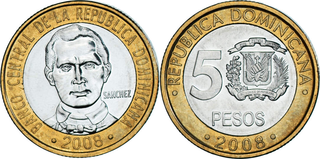 Dominican Republic 5 Pesos 2008 Coin Bi Metallic KM 89 MS 63