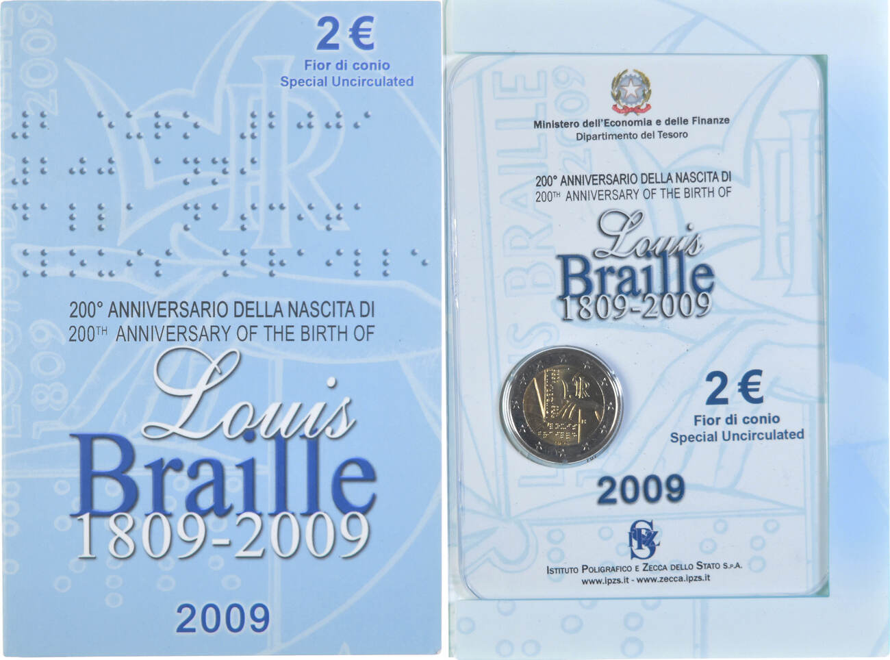 Italy 2 Euro 2009 Rome Coin, Rome, LOUIS BRAILLE., BiMetallic, KM310