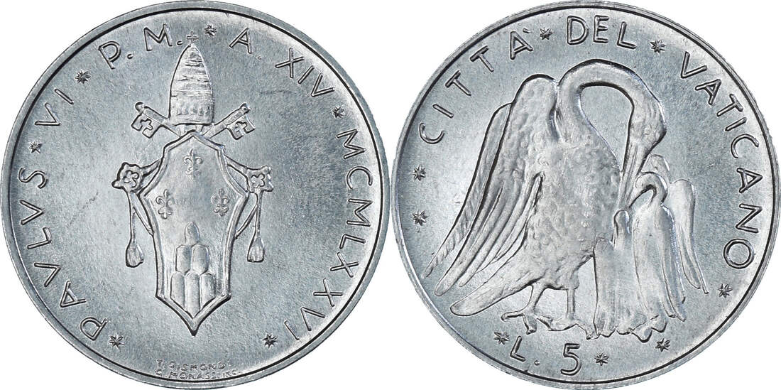 Vatican City 5 Lire 1976 Roma Coin, Paul Vi, Roma, Aluminum, Km:118 Ms 