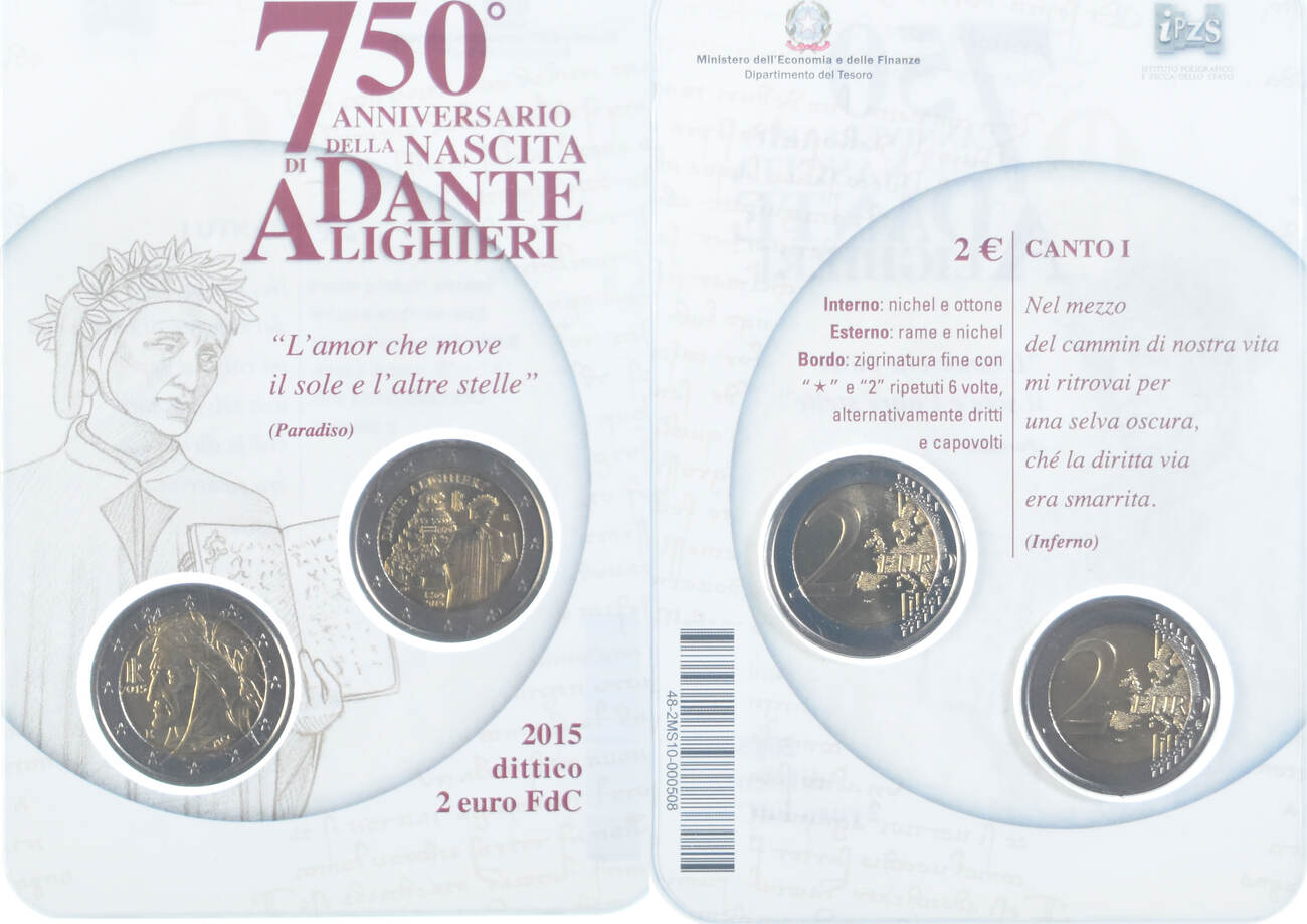 Italy 2015 Rome Dante Alighieri Rome Set 2 monnaies 2 euro BU MS