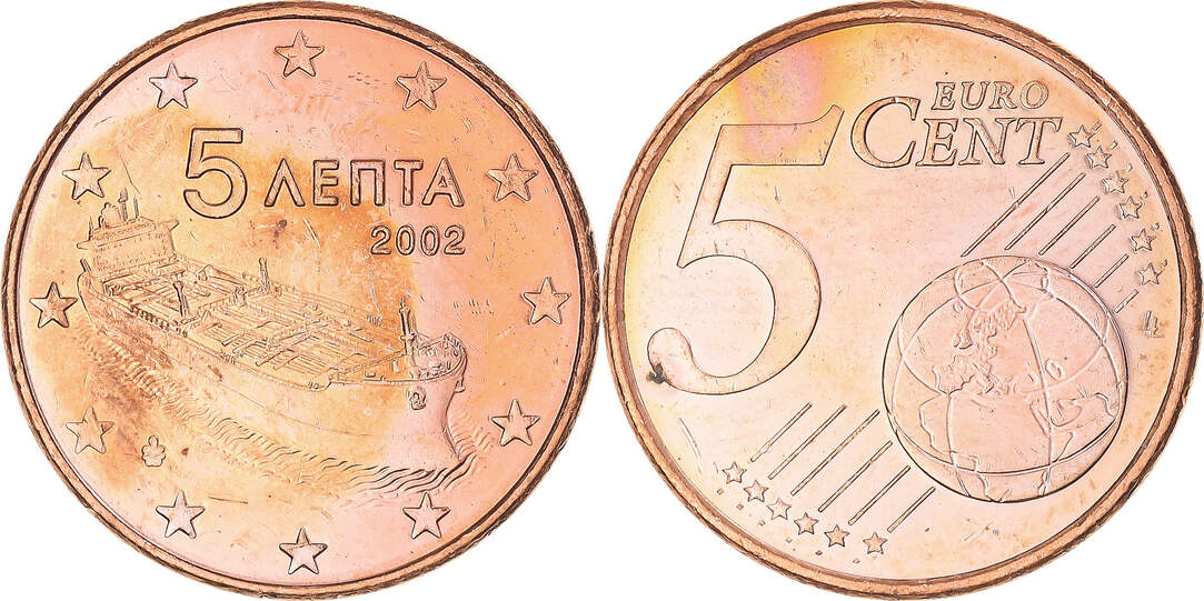 Greece 5 Euro Cent 2002 Athens Athens Copper Plated Steel KM 183