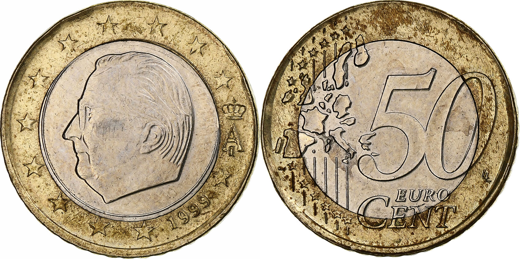 Belgium 50 Euro Cent 1999 Brussels Albert II, Brussels, planchet error  struck on 1 AU(50-53) | MA-Shops