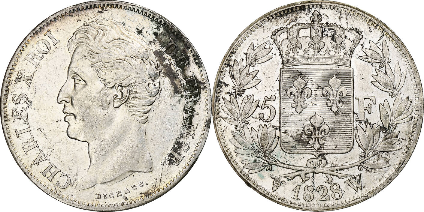 France 5 Francs 1828 W Charles X, Lille, Silver, Gadoury:644 AU(50