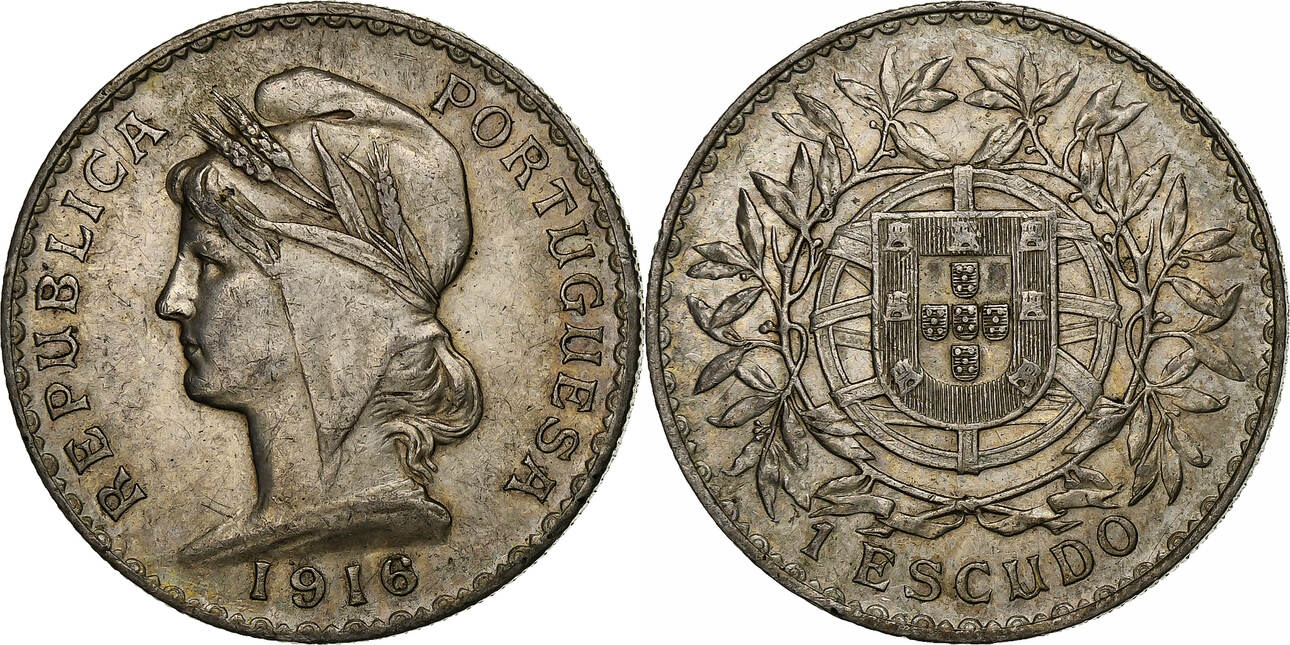 Portugal Escudo 1916 Silver KM 564 AU 50 53 MA Shops Portugal Escudo 1916 Silver KM 564 AU 50 53 MA Shops