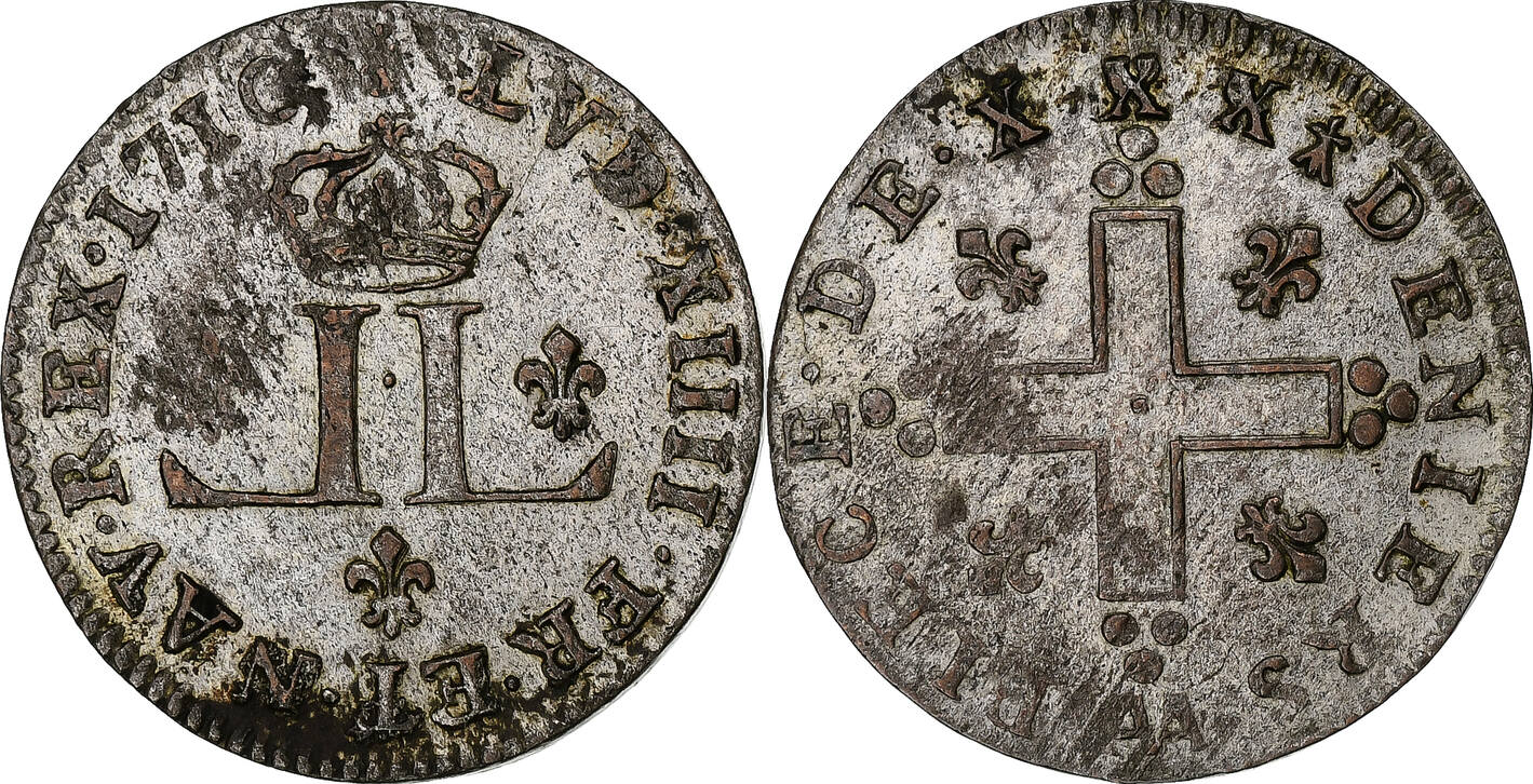 France XXX Deniers aux 2 L couronnés 1710 Metz Louis XIV, Metz, Billon EF(40 -45) Русские монеты из драгоценных