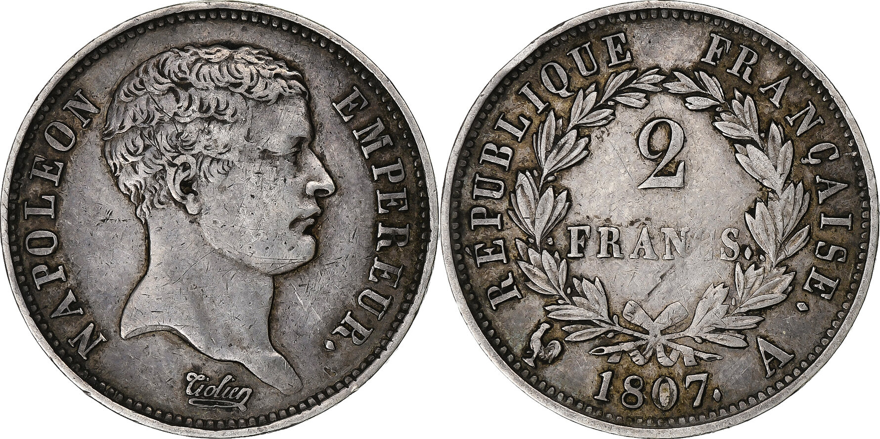 France 2 Francs 1807 Paris Napoleon I, tête de nègre, Paris, Silver AU ...