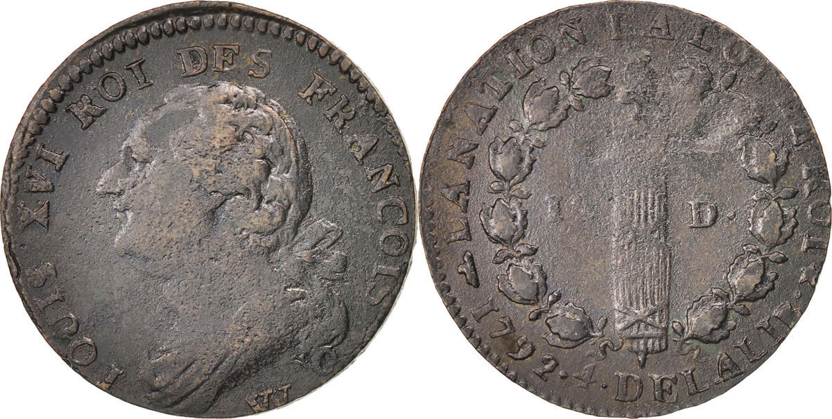 France 1792 W Coin, 12 deniers françois, Lille, Bronze VF(30-35) | MA-Shops