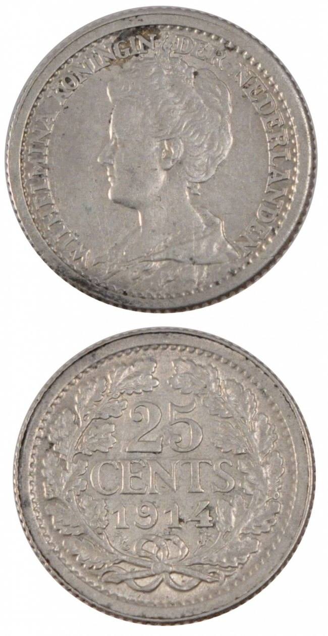 Netherlands 25 Cents 1914 Coin, Wilhelmina I, Silver, KM:146 AU(55-58 ...