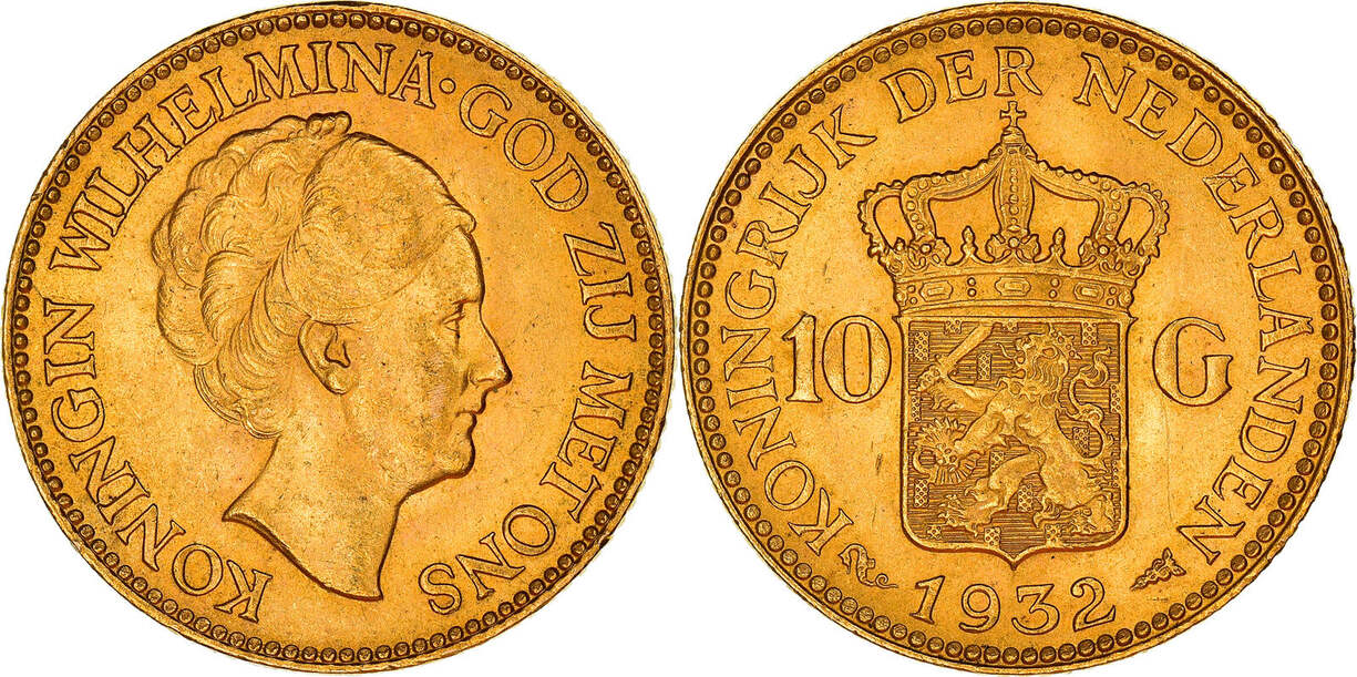 Netherlands 10 Gulden 1932 Coin Wilhelmina I Gold KM 162 AU 55 58 MA Shops