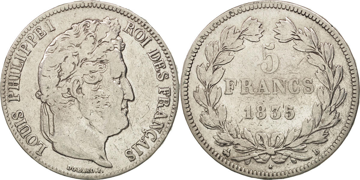 France 5 Francs 1835 B Coin, LouisPhilippe, Rouen, Silver VF(3035