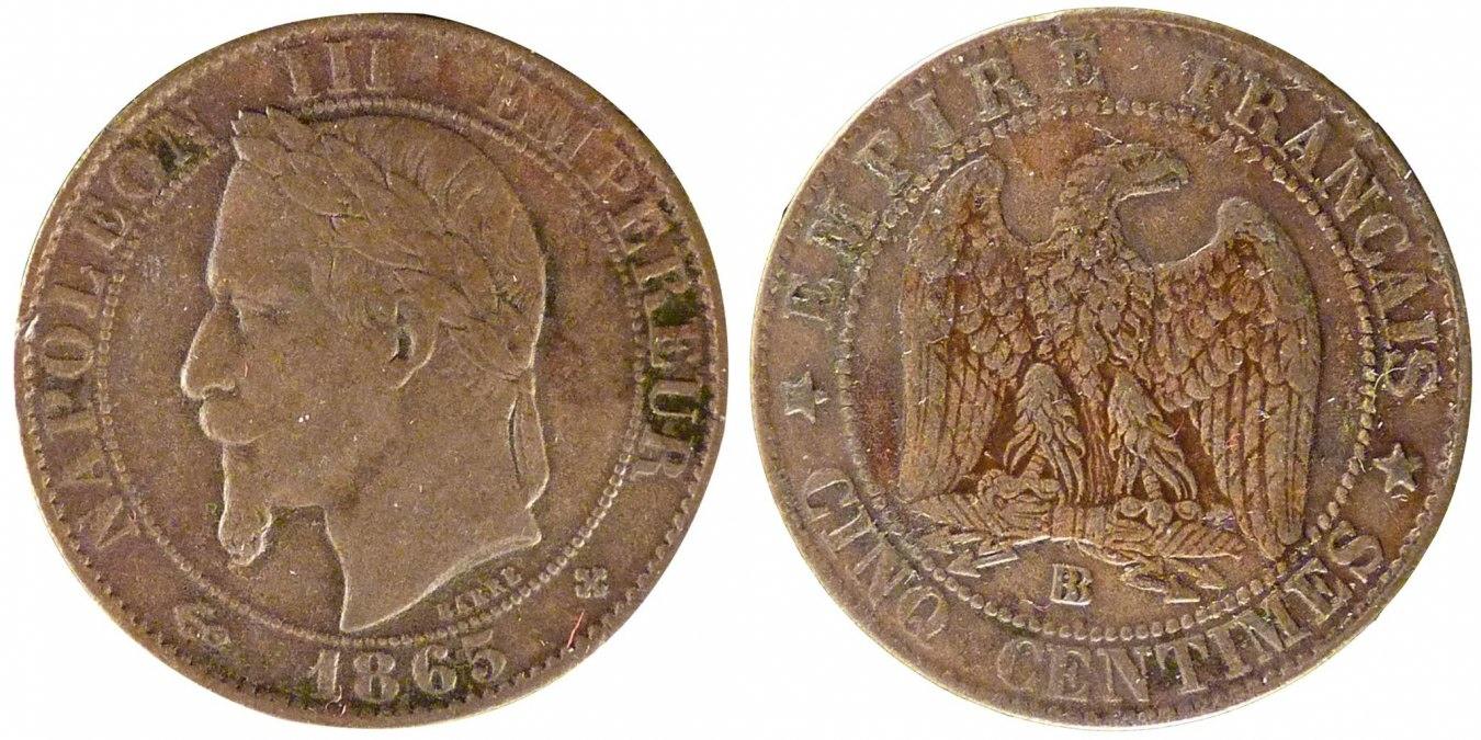 France 5 Centimes 1865 BB Coin Napoleon III Napol on III