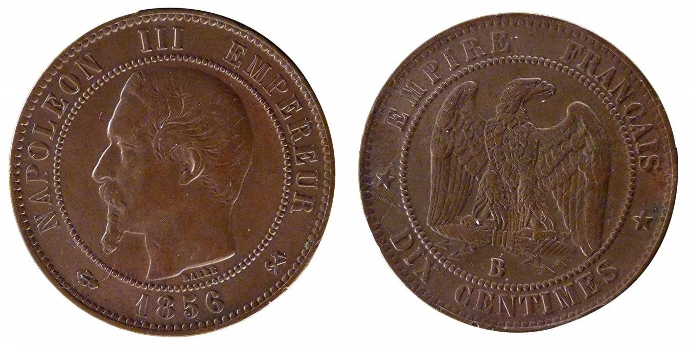 France 10 Centimes 1856 B Coin Napoleon III Napol on III Rouen AU 50 53