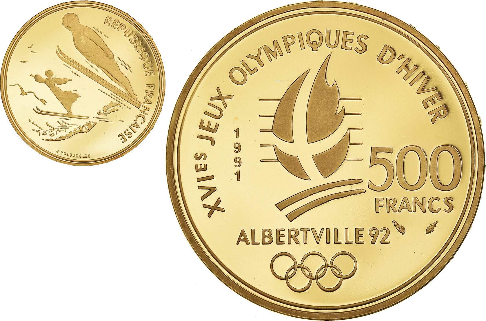 France 500 Francs 1991 Paris Coin, Albertville 92, Saut à Ski, Paris Ms 