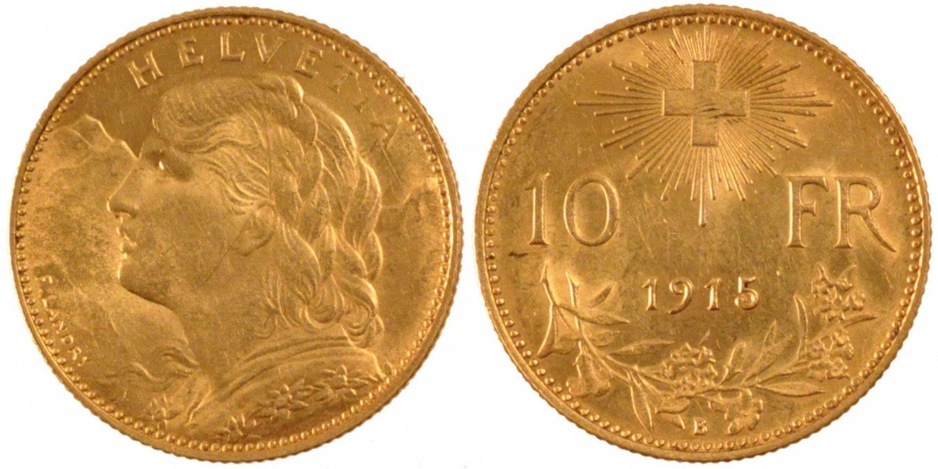 Switzerland 10 Francs 1915 B Coin, Bern, Gold, KM:36 AU(55-58) | MA-Shops