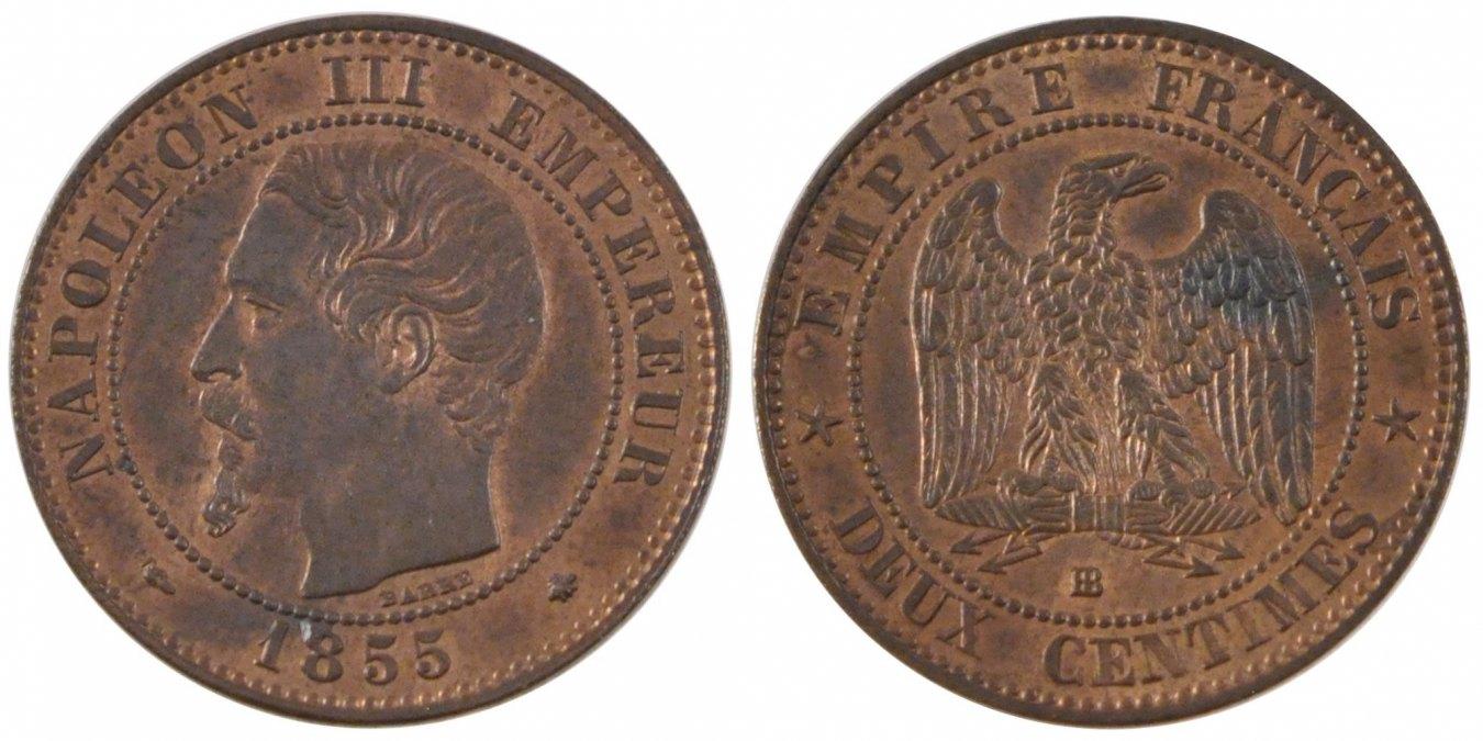 France 2 Centimes 1855 BB Coin, Napoleon III, Napoléon III, Strasbourg ...
