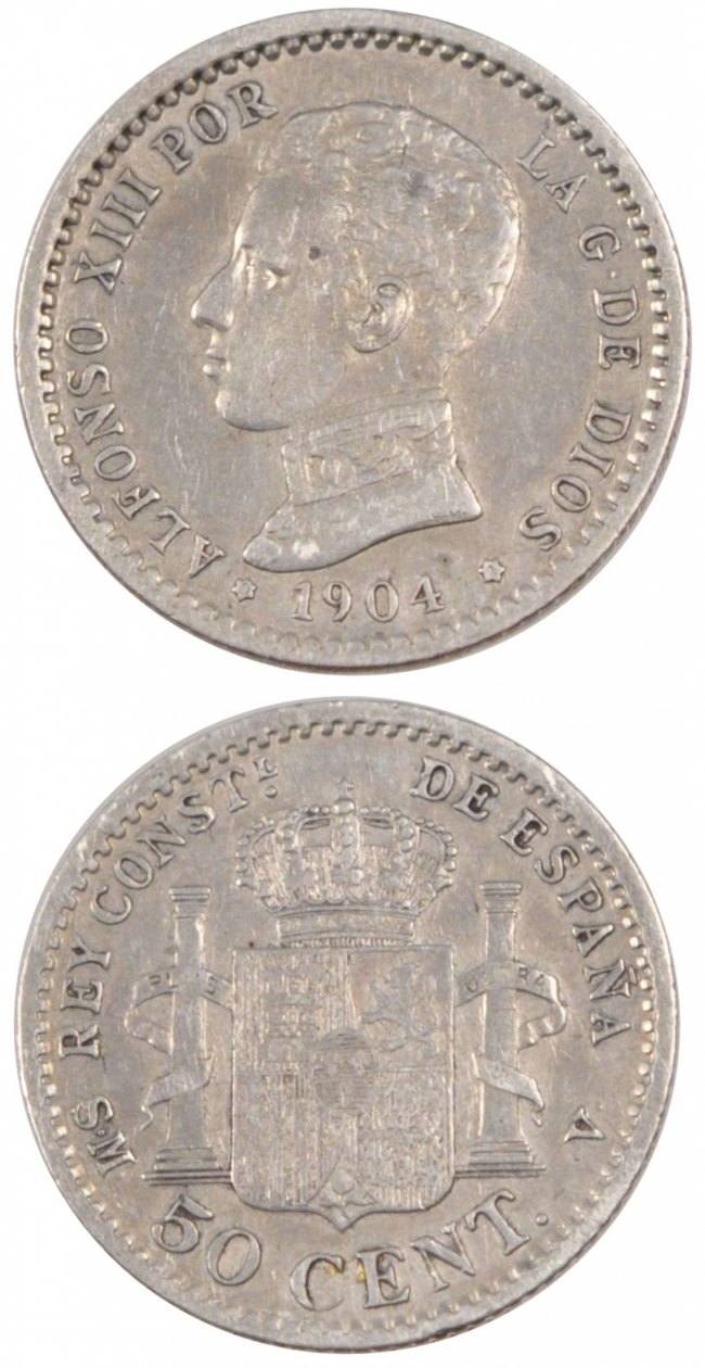 Spain 50 Centimos 1904 Coin, Alfonso XIII, Silver, KM:723 AU(55-58 ...