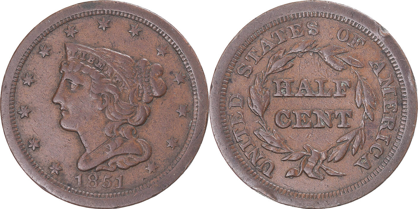 1851 Braided Hair Half Cent XF - US Coin — Huntington Stamp & Coin