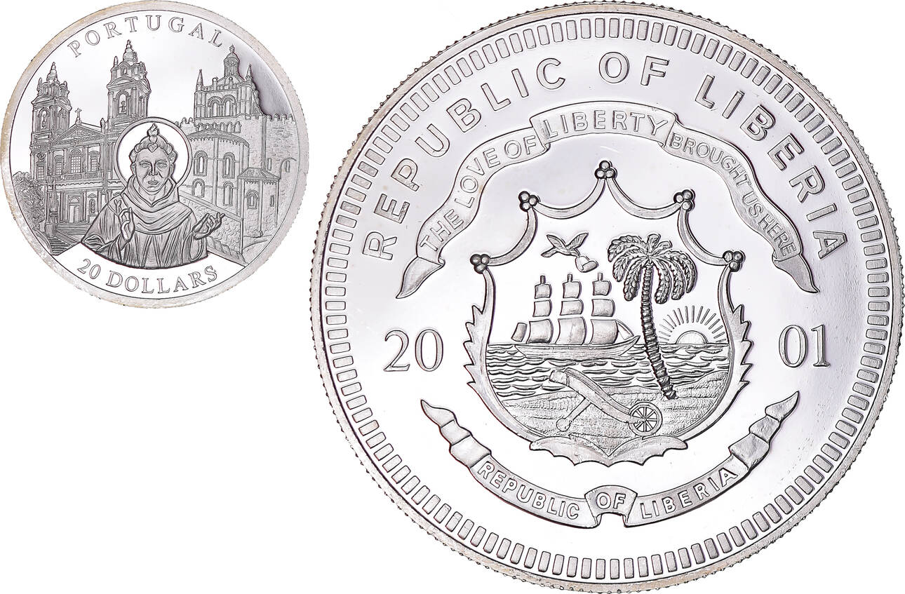 Liberia 20 Dollars 2001 Coin, Portugal, Silver MS(63)