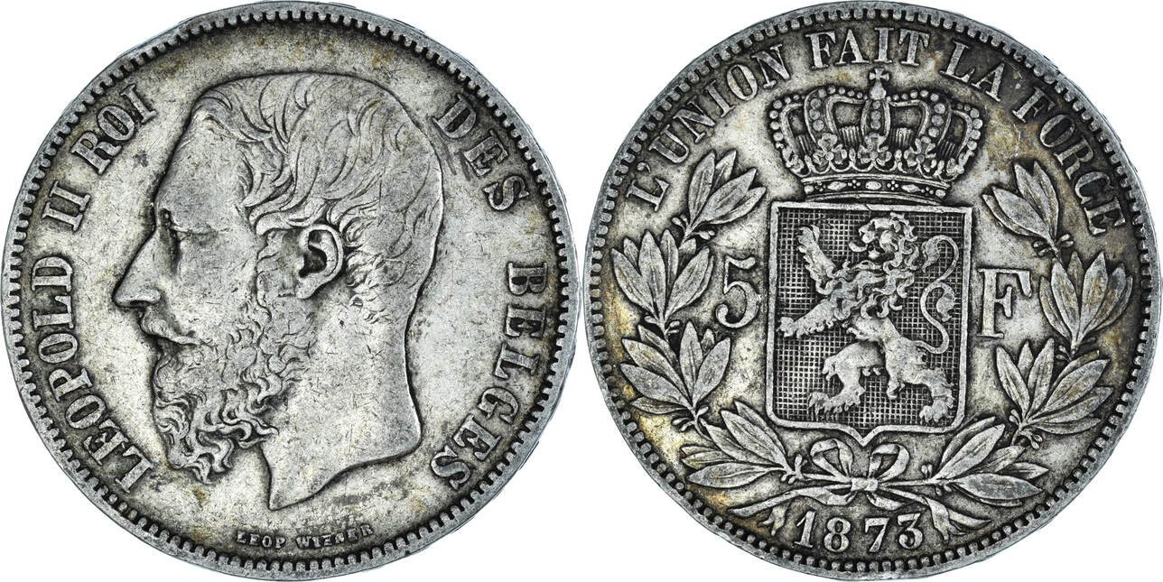 Belgium 5 Francs, 5 Frank 1873 Coin, Leopold II, Silver, KM:24 EF(40-45 ...