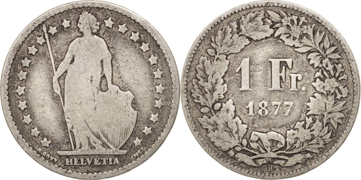 Switzerland Franc 1877 B Coin, Bern, Silver, KM:24 VF(20-25) | MA-Shops