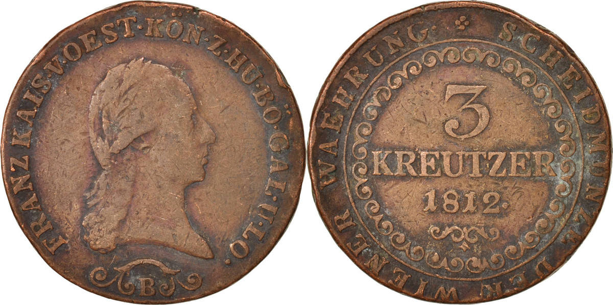 Austria 3 Kreuzer 1812 B Coin, Franz II (I), Copper, KM:2116 VF(30-35 ...