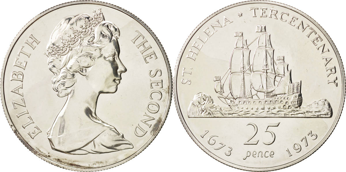 Saint Helena 25 Pence, Crown 1973 Coin, Elizabeth II, Copper