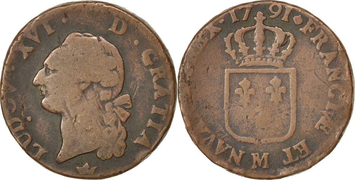France 1791 M Coin, Louis XVI, Sol ou sou, Toulouse, Copper VF(20-25