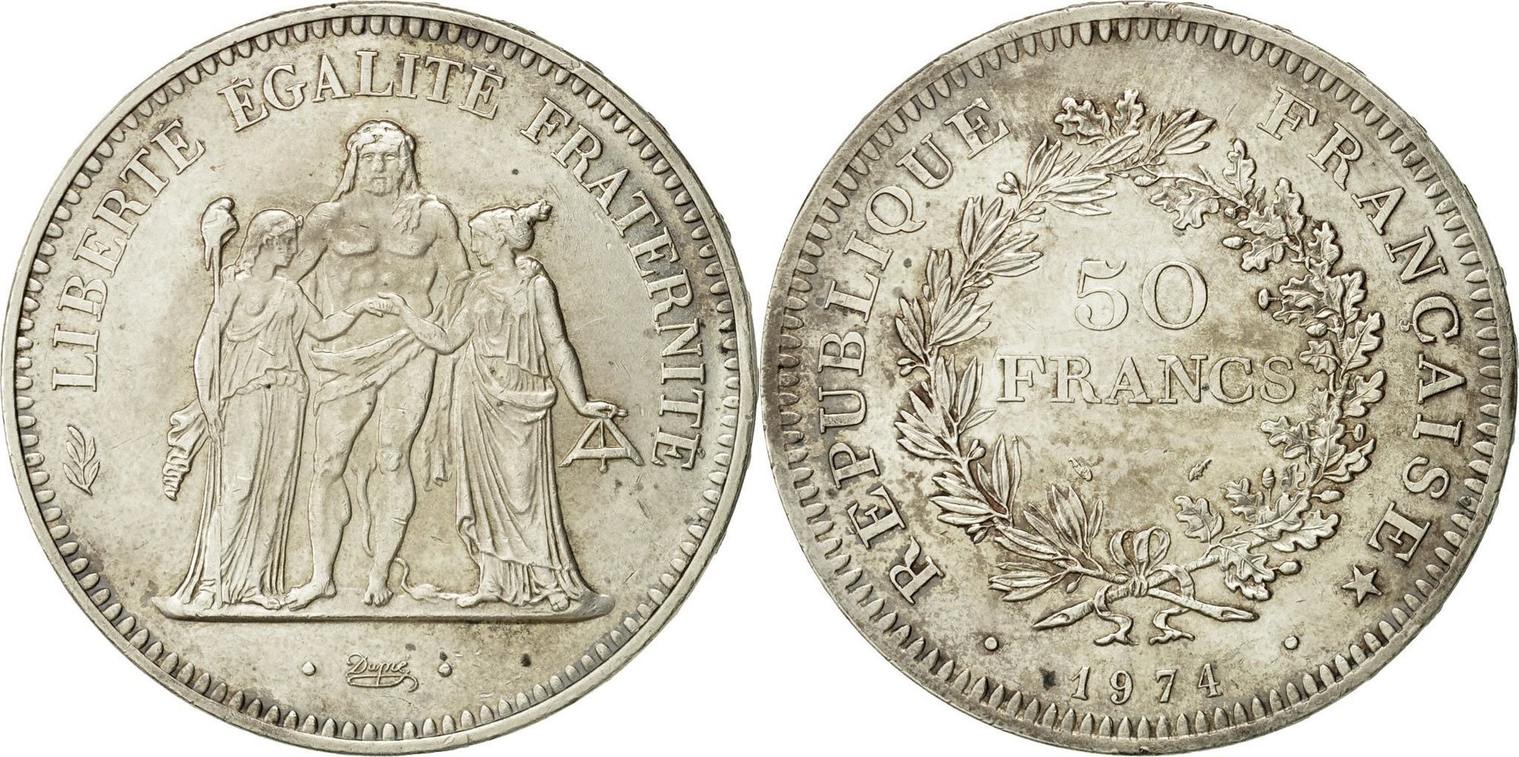 France 50 Francs 1974 Coin, Hercule, Silver, KM:941.2 AU(50-53