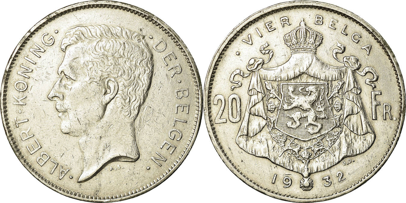 Belgium 20 Francs, 20 Frank 1932 Coin, Nickel, KM:102 EF(40