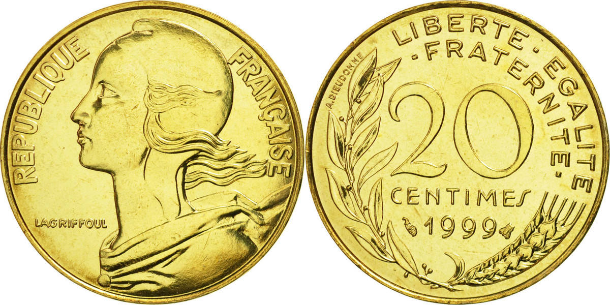 Piece De 20 Centimes Rare 1999 France 20 Centimes 1999 Paris Coin, Marianne, Paris, Aluminum-Bronze MS