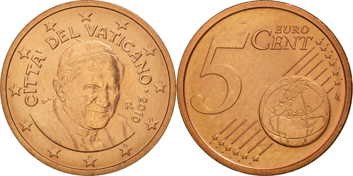 5 euro cent 2010 r vatican city copper plated steel km:377 ms