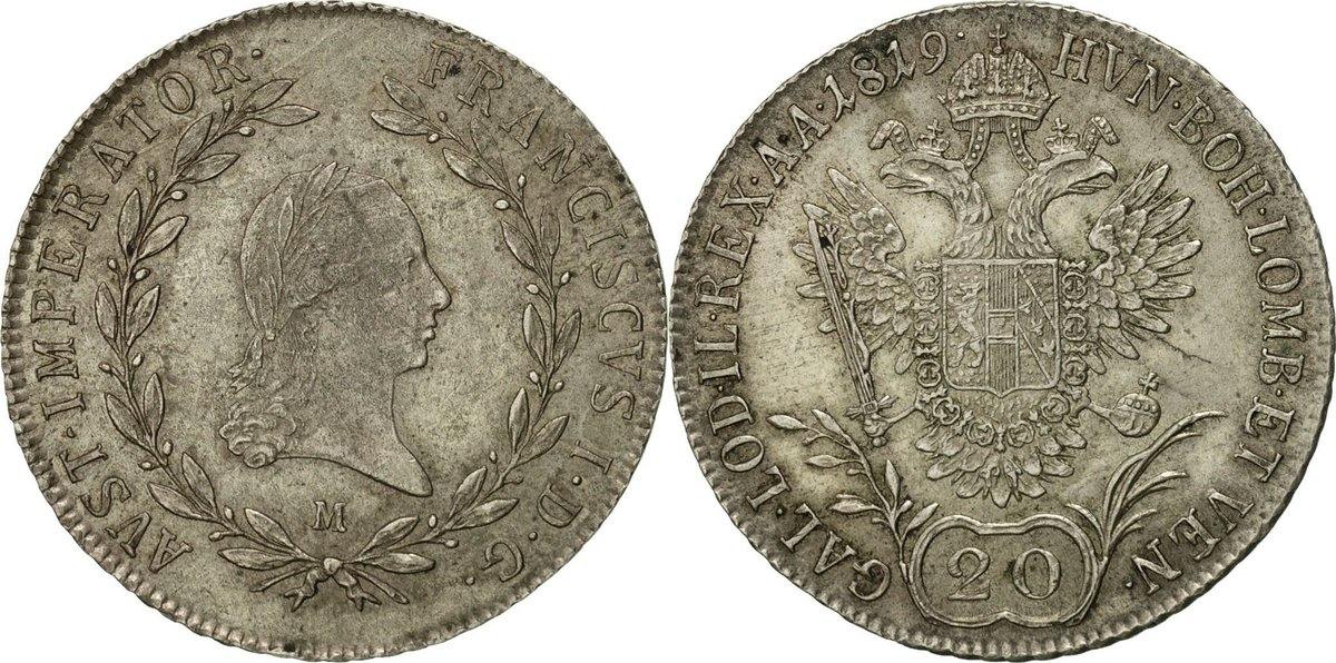 Austria 20 Kreuzer 1819 M Coin, Franz II (I), Milan, Silver, KM