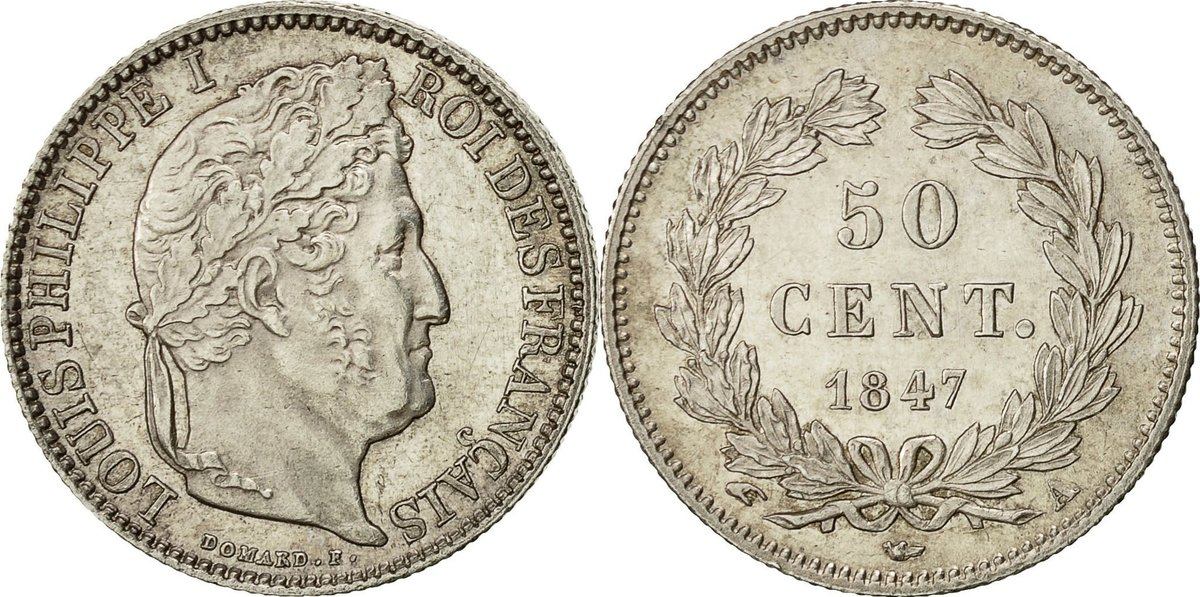 France 50 Centimes 1847 A Coin, Louis-Philippe, Paris, Silver MS(60-62