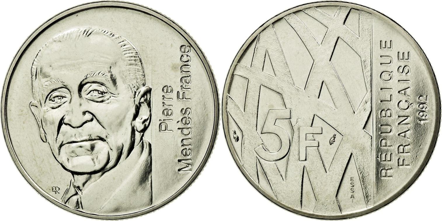 5 Francs 1992 Paris Coin, Mendès France, Paris, ESSAI, Nickel MS(63