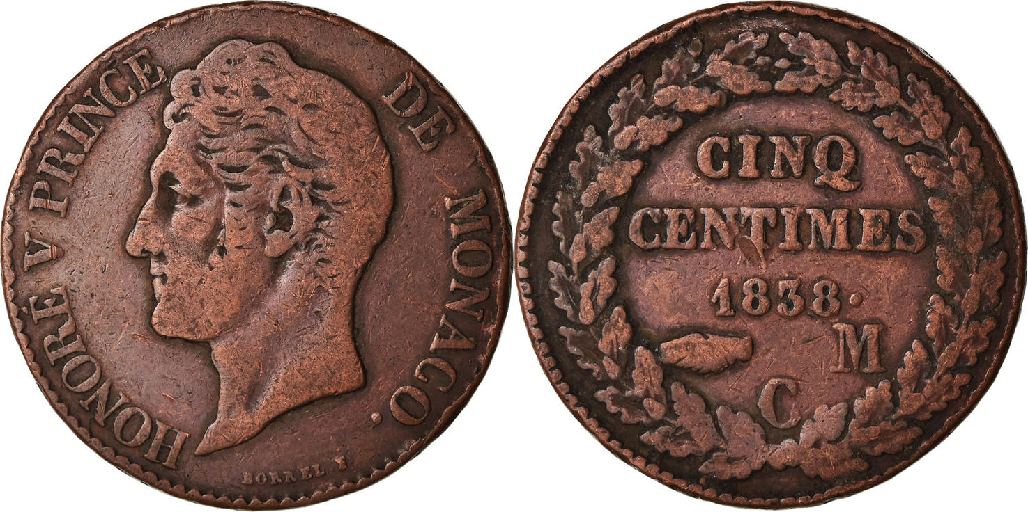 Monaco 5 Centimes Cinq 1838 M Coin Honore V Copper VF 30 35 MA Shops monaco-5-centimes-cinq-1838-m-coin-honore-v-copper-vf-30-35-ma-shops